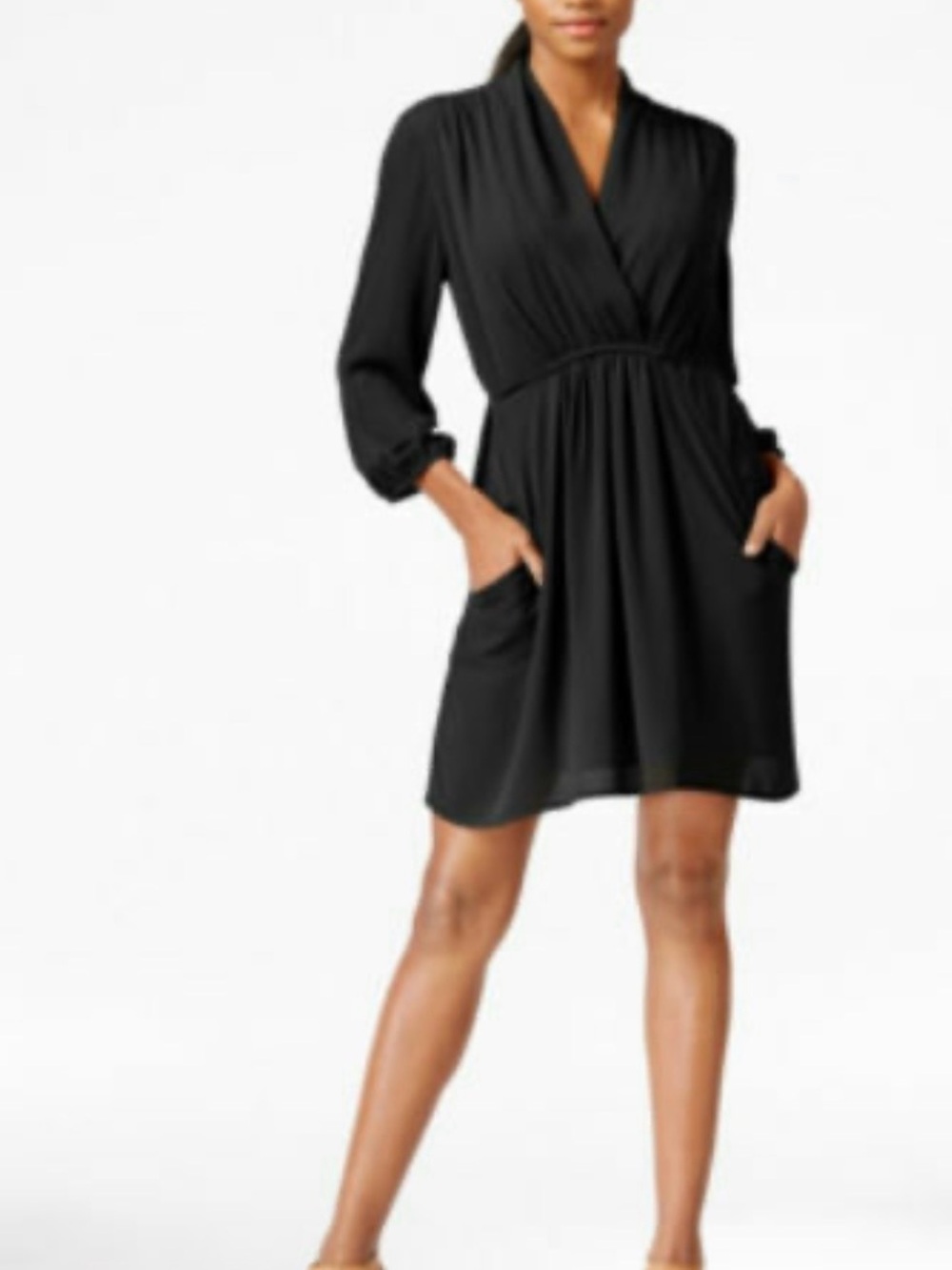 NWT Bar III Classic Black V-Neck Long Sleeve Dress (Size XS)